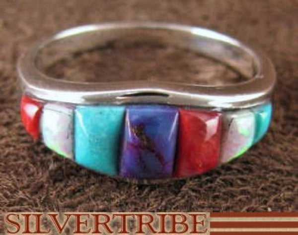 Silver Jewelry Turquoise And Multicolor Inlay Ring Size 7-3/4 RS37140